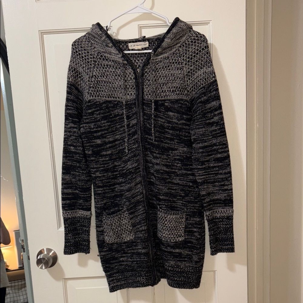 Long Knit Hooded Zip Sweater Cardigan - Black and Gray